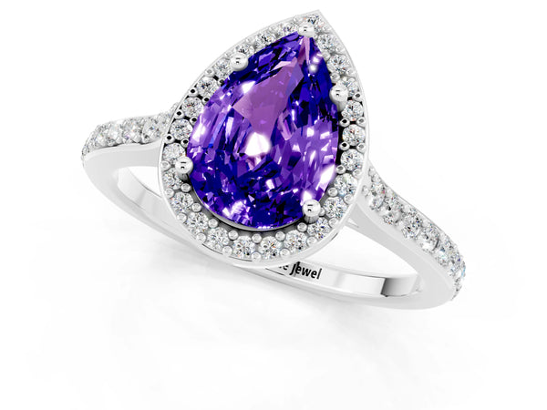 Platinum Pear Cut Tanzanite Halo Engagement Ring with Round Pavé Shoulders and Prong Setting
