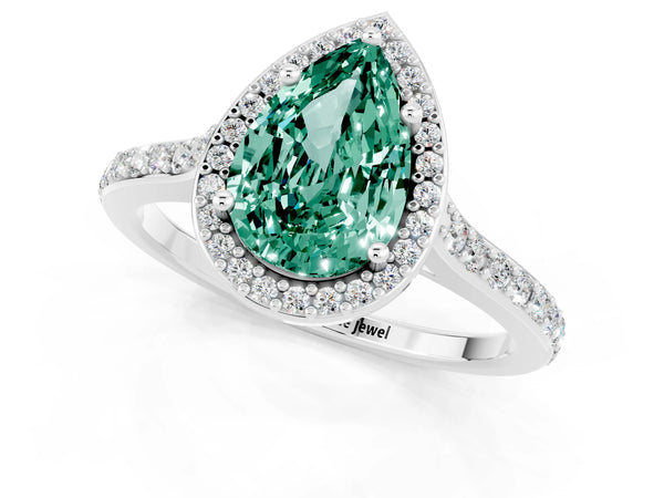 Platinum Pear Cut Green Sapphire Halo Engagement Ring with Round Pavé Shoulders and Prong Setting