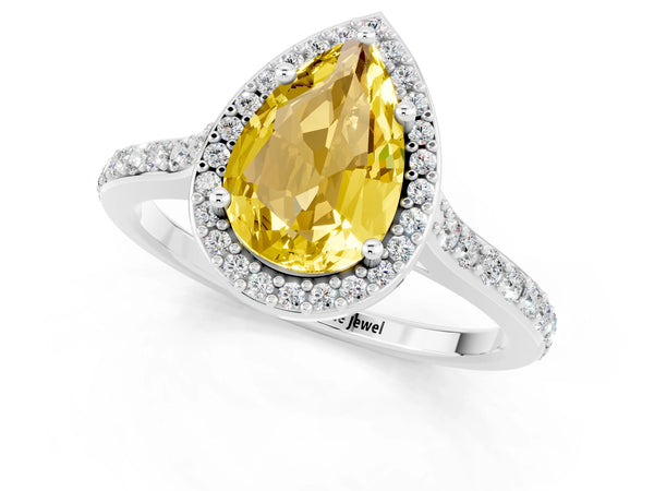 Platinum Pear Cut Yellow Sapphire Halo Engagement Ring with Round Pavé Shoulders and Prong Setting