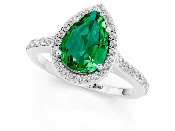 Silver Pear Cut Emerald Halo Engagement Ring with Round Pavé Shoulders and Prong Setting