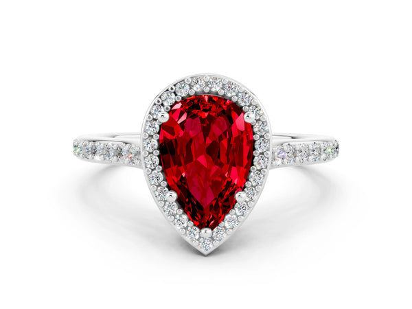 Platinum Pear Cut Halo Round Diamond Pavé Band with Four-Prong Setting