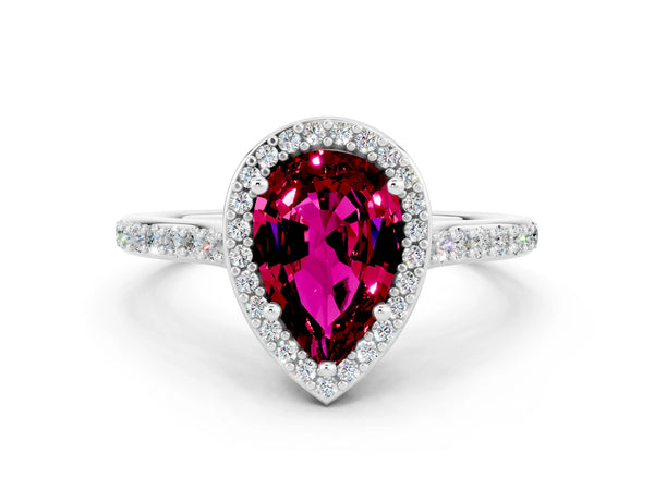 Platinum Pear Cut Garnet Halo Engagement Ring with Round Pavé Shoulders and Prong Setting