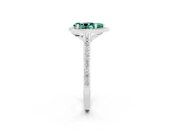 White gold Pear Cut Green Sapphire Halo Engagement Ring with Round Pavé Shoulders and Prong Setting