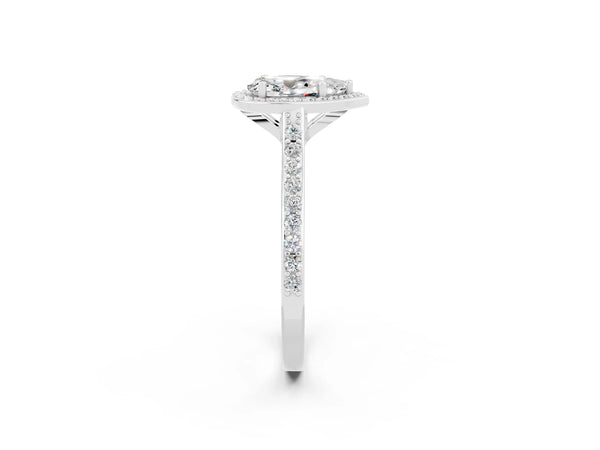 White gold Pear Cut Moissanite Halo Engagement Ring with Round Pavé Shoulders and Prong Setting