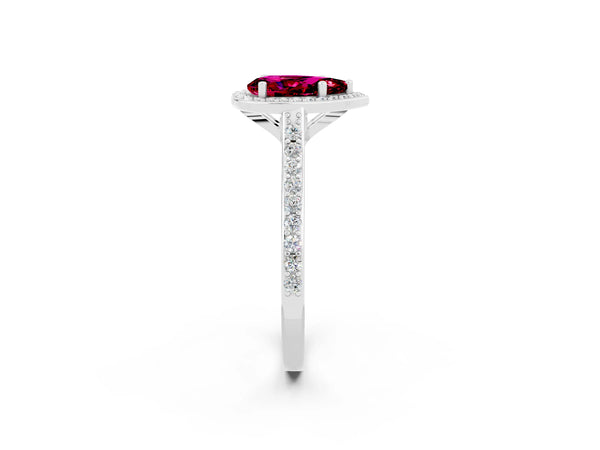 Platinum Pear Cut Garnet Halo Engagement Ring with Round Pavé Shoulders and Prong Setting