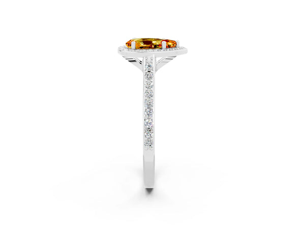 White gold Pear Cut Citrine Halo Engagement Ring with Round Pavé Shoulders and Prong Setting