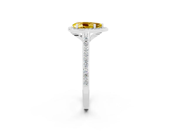 White gold Pear Cut Yellow Sapphire Halo Engagement Ring with Round Pavé Shoulders and Prong Setting