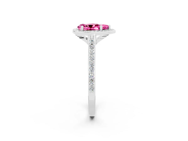 Platinum Pear Cut Halo Round Diamond Pavé Band with Four-Prong Setting