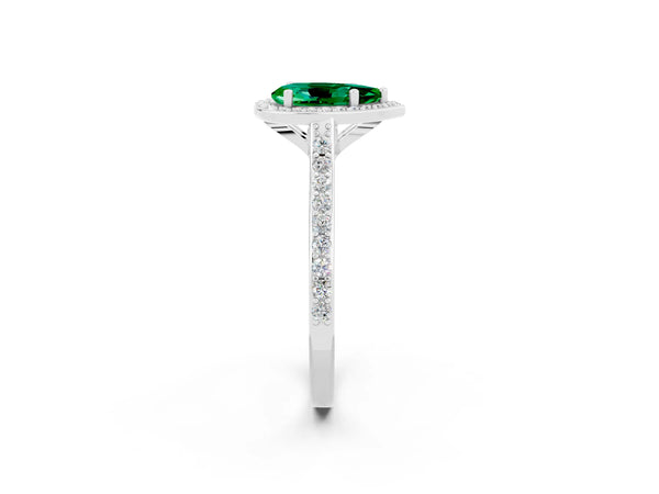 Silver Pear Cut Emerald Halo Engagement Ring with Round Pavé Shoulders and Prong Setting