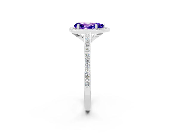 Silver Pear Cut Tanzanite Halo Engagement Ring with Round Pavé Shoulders and Prong Setting