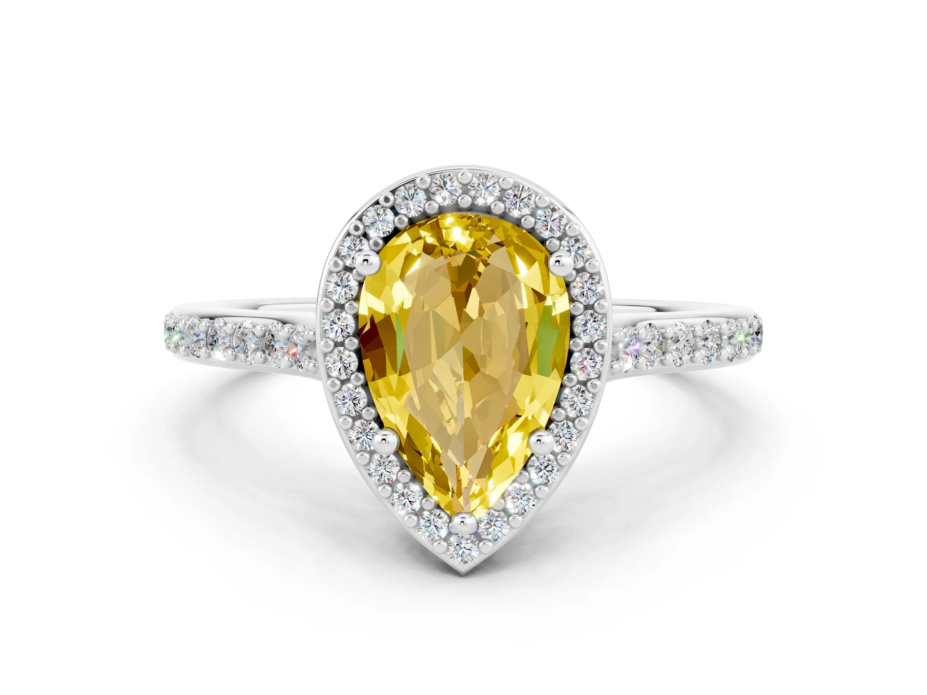 White gold Pear Cut Halo Round Diamond Pavé Band with Four-Prong Setting
