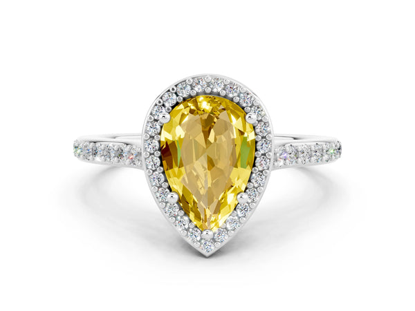 Silver Pear Cut Yellow Sapphire Halo Engagement Ring with Round Pavé Shoulders and Prong Setting
