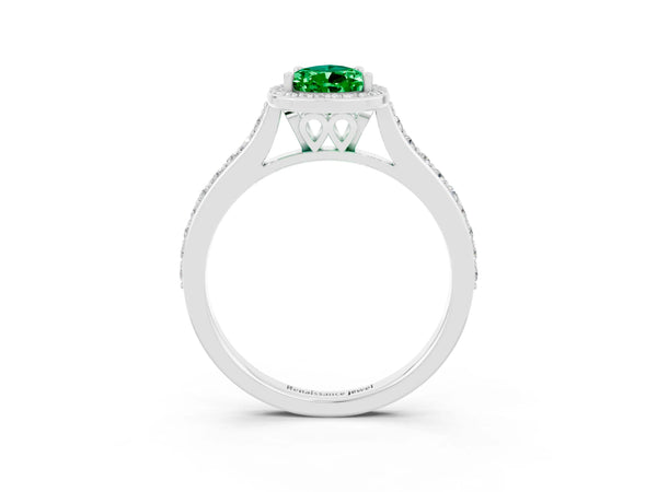 Silver Pear Cut Emerald Halo Engagement Ring with Round Pavé Shoulders and Prong Setting