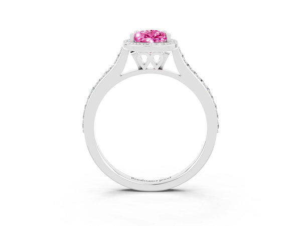 Platinum Pear Cut Halo Round Diamond Pavé Band with Four-Prong Setting
