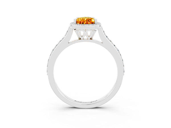 Silver Pear Cut Citrine Halo Engagement Ring with Round Pavé Shoulders and Prong Setting