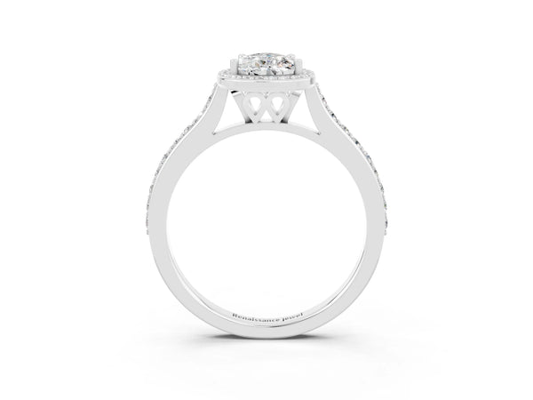 Silver Pear Cut Moissanite Halo Engagement Ring with Round Pavé Shoulders and Prong Setting