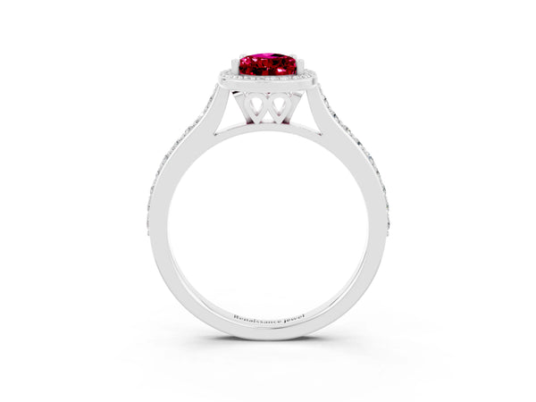 Platinum Pear Cut Garnet Halo Engagement Ring with Round Pavé Shoulders and Prong Setting