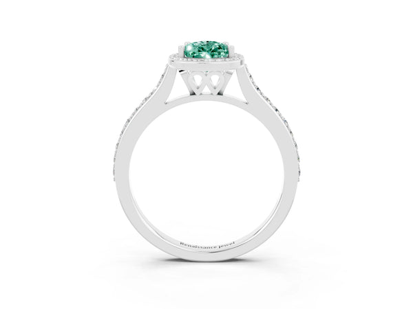 Platinum Pear Cut Green Sapphire Halo Engagement Ring with Round Pavé Shoulders and Prong Setting