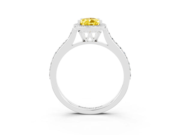 Platinum Pear Cut Yellow Sapphire Halo Engagement Ring with Round Pavé Shoulders and Prong Setting