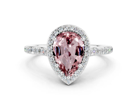 White gold Pear Cut Halo Round Diamond Pavé Band with Four-Prong Setting