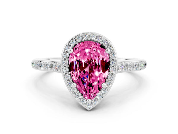 Platinum Pear Cut Halo Round Diamond Pavé Band with Four-Prong Setting