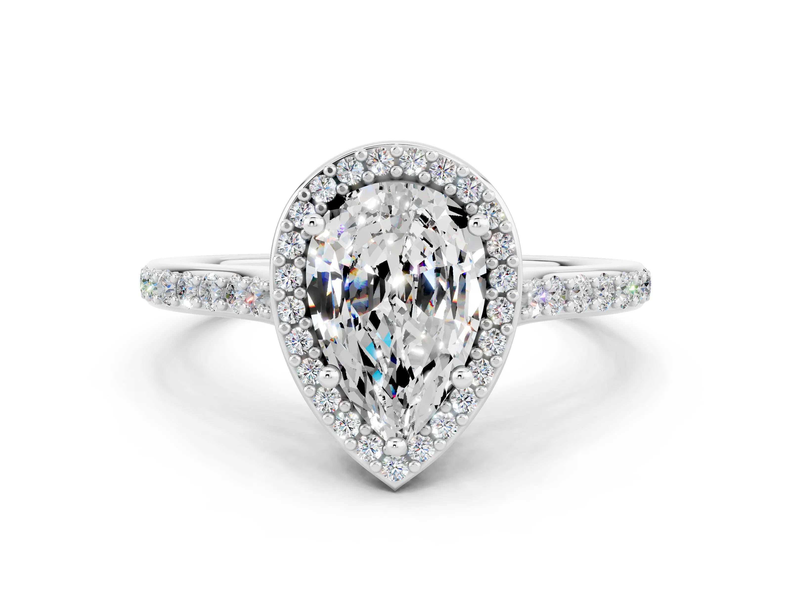 White gold Pear Cut Halo Round Diamond Pavé Band with Four-Prong Setting