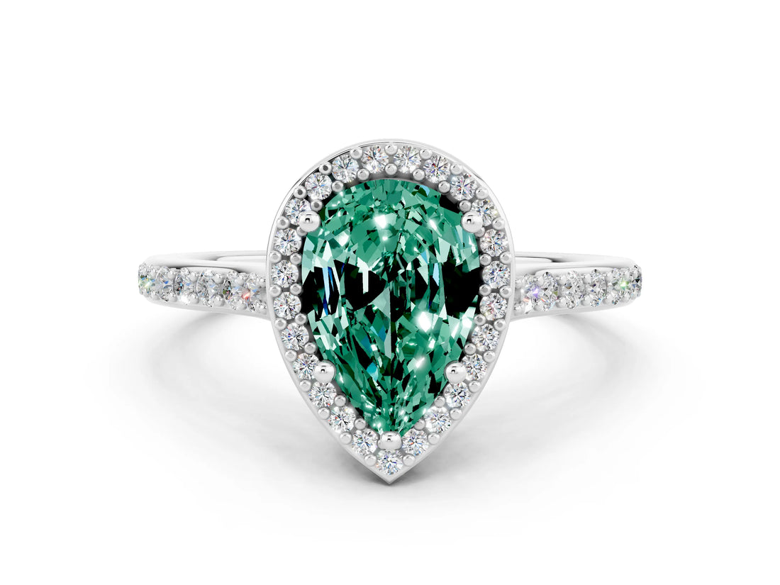 White gold Pear Cut Halo Round Diamond Pavé Band with Four-Prong Setting