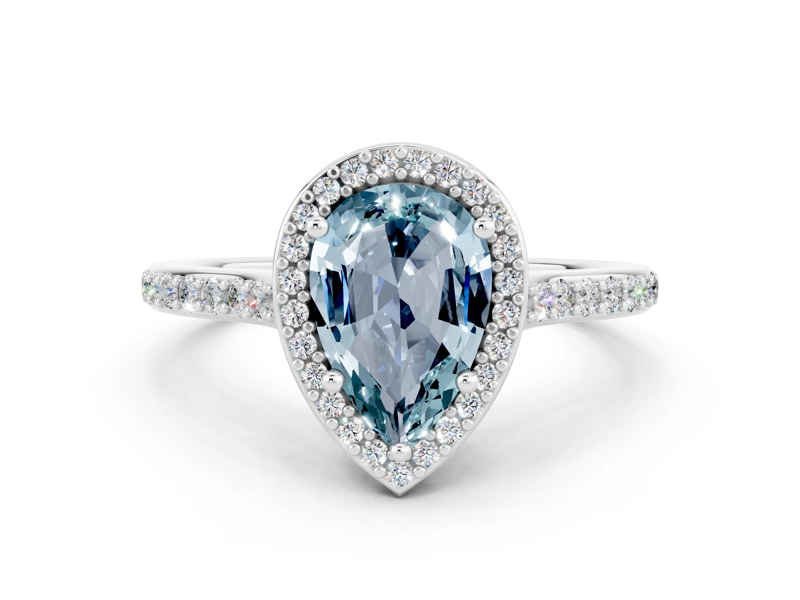 White gold Pear Cut Halo Round Diamond Pavé Band with Four-Prong Setting