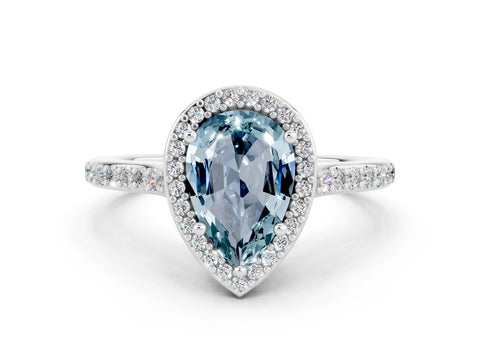 White gold Pear Cut Halo Round Diamond Pavé Band with Four-Prong Setting
