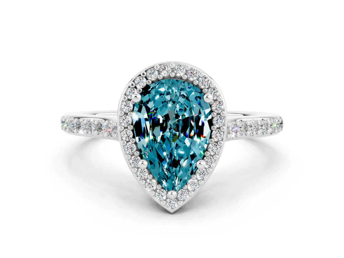 White gold Pear Cut Halo Round Diamond Pavé Band with Four-Prong Setting