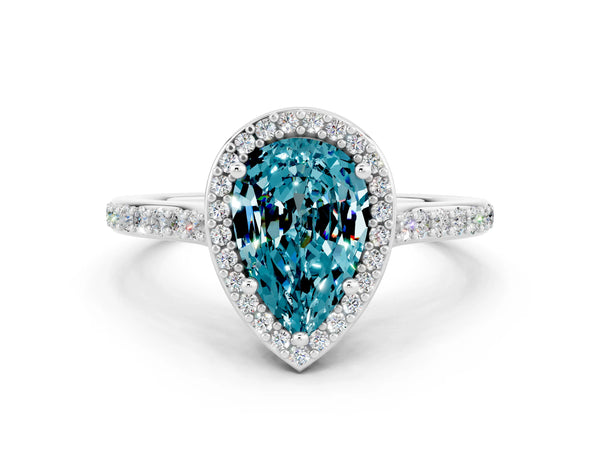 Platinum Pear Cut Halo Round Diamond Pavé Band with Four-Prong Setting