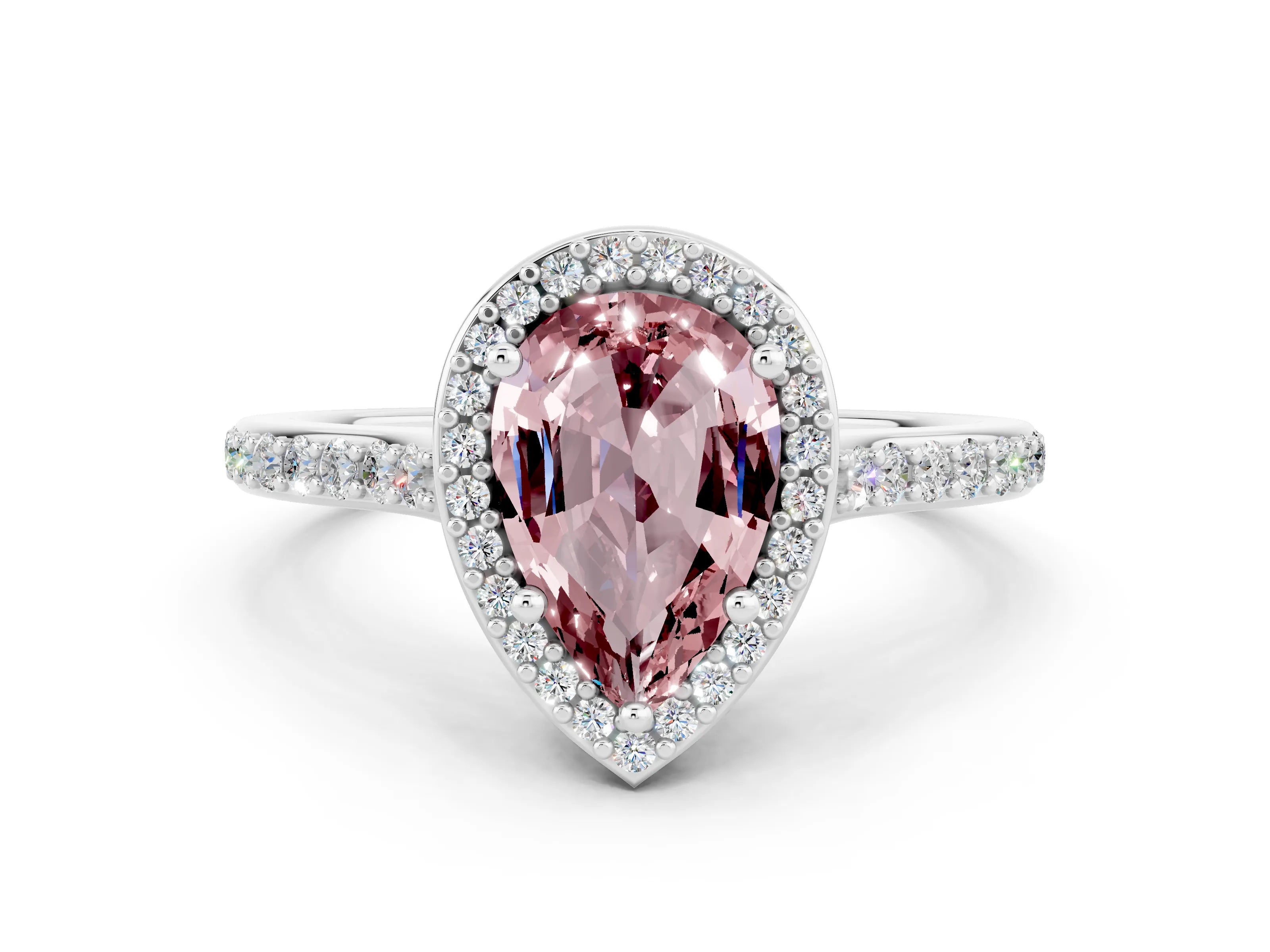 White gold Pear Cut Halo Round Diamond Pavé Band with Four-Prong Setting