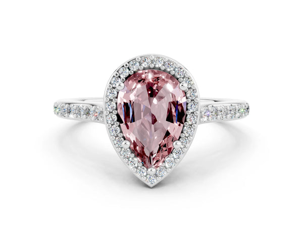White gold Pear Cut Halo Round Diamond Pavé Band with Four-Prong Setting