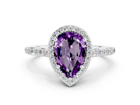 White gold Pear Cut Halo Round Diamond Pavé Band with Four-Prong Setting