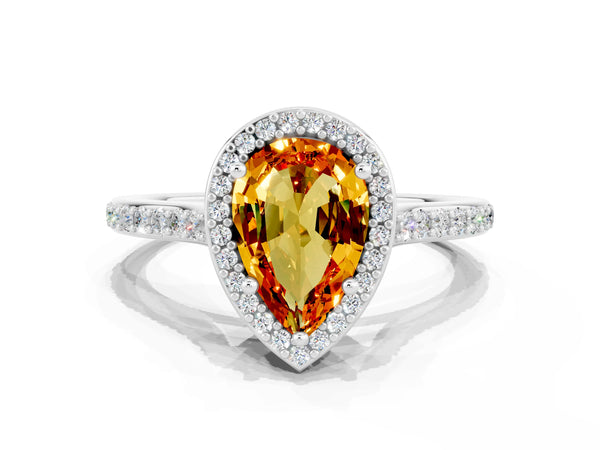 White gold Pear Cut Citrine Halo Engagement Ring with Round Pavé Shoulders and Prong Setting