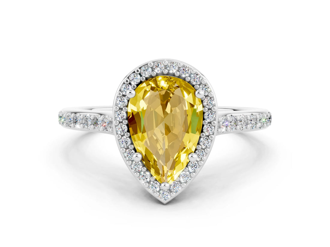 White gold Pear Cut Halo Round Diamond Pavé Band with Four-Prong Setting