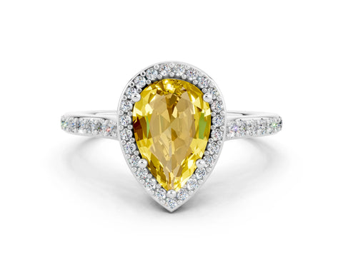 White gold Pear Cut Halo Round Diamond Pavé Band with Four-Prong Setting