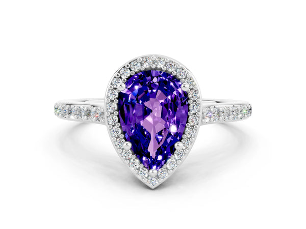 Silver Pear Cut Tanzanite Halo Engagement Ring with Round Pavé Shoulders and Prong Setting