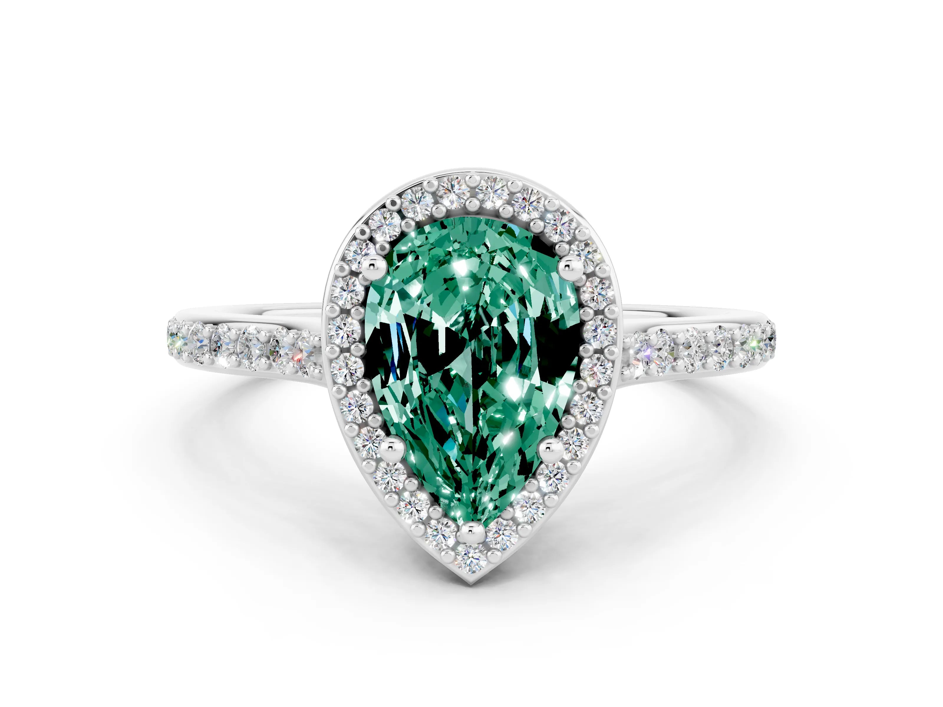 White gold Pear Cut Halo Round Diamond Pavé Band with Four-Prong Setting