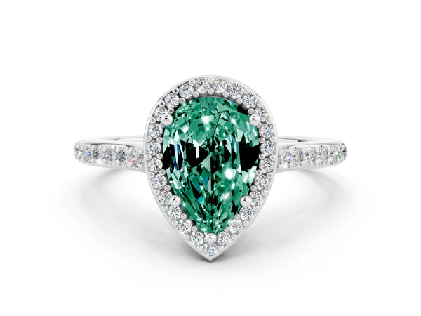 Platinum Pear Cut Green Sapphire Halo Engagement Ring with Round Pavé Shoulders and Prong Setting