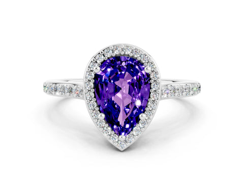 White gold Pear Cut Halo Round Diamond Pavé Band with Four-Prong Setting