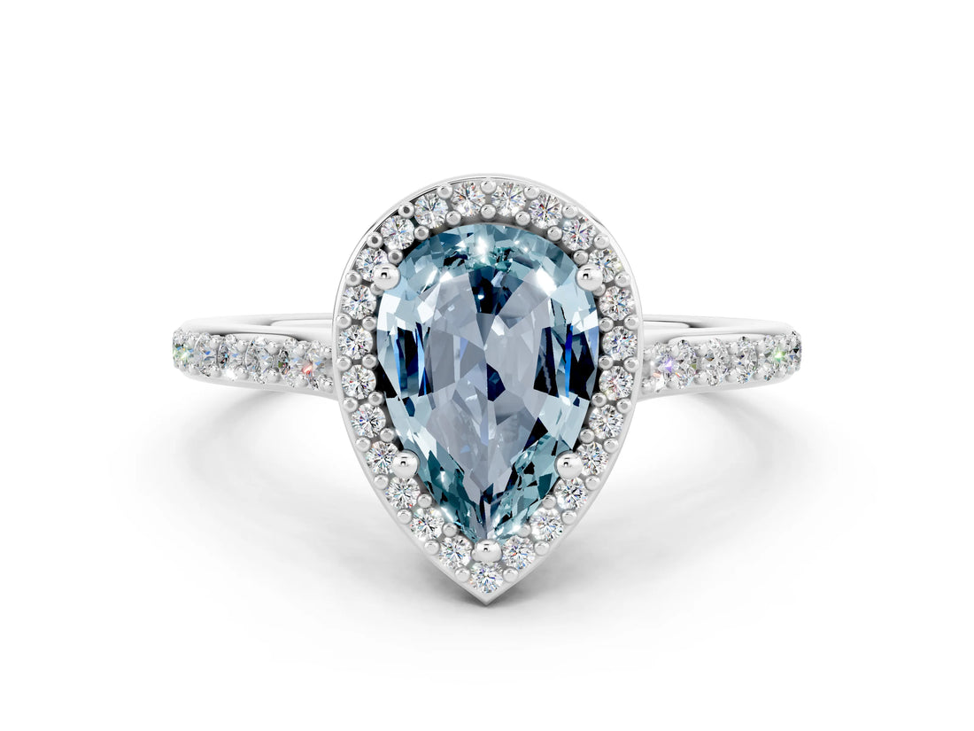White gold Pear Cut Halo Round Diamond Pavé Band with Four-Prong Setting