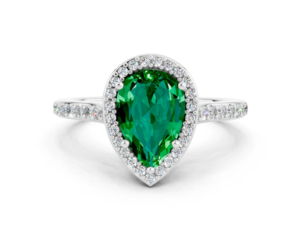 Silver Pear Cut Emerald Halo Engagement Ring with Round Pavé Shoulders and Prong Setting