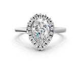 White gold Pear Cut Halo Round Diamond Solitaire Ring with Pavé Band and Four-Prong Setting