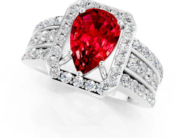 White gold Pear Cut Halo Ruby Ring with Round  Split Shank and Prong Setting