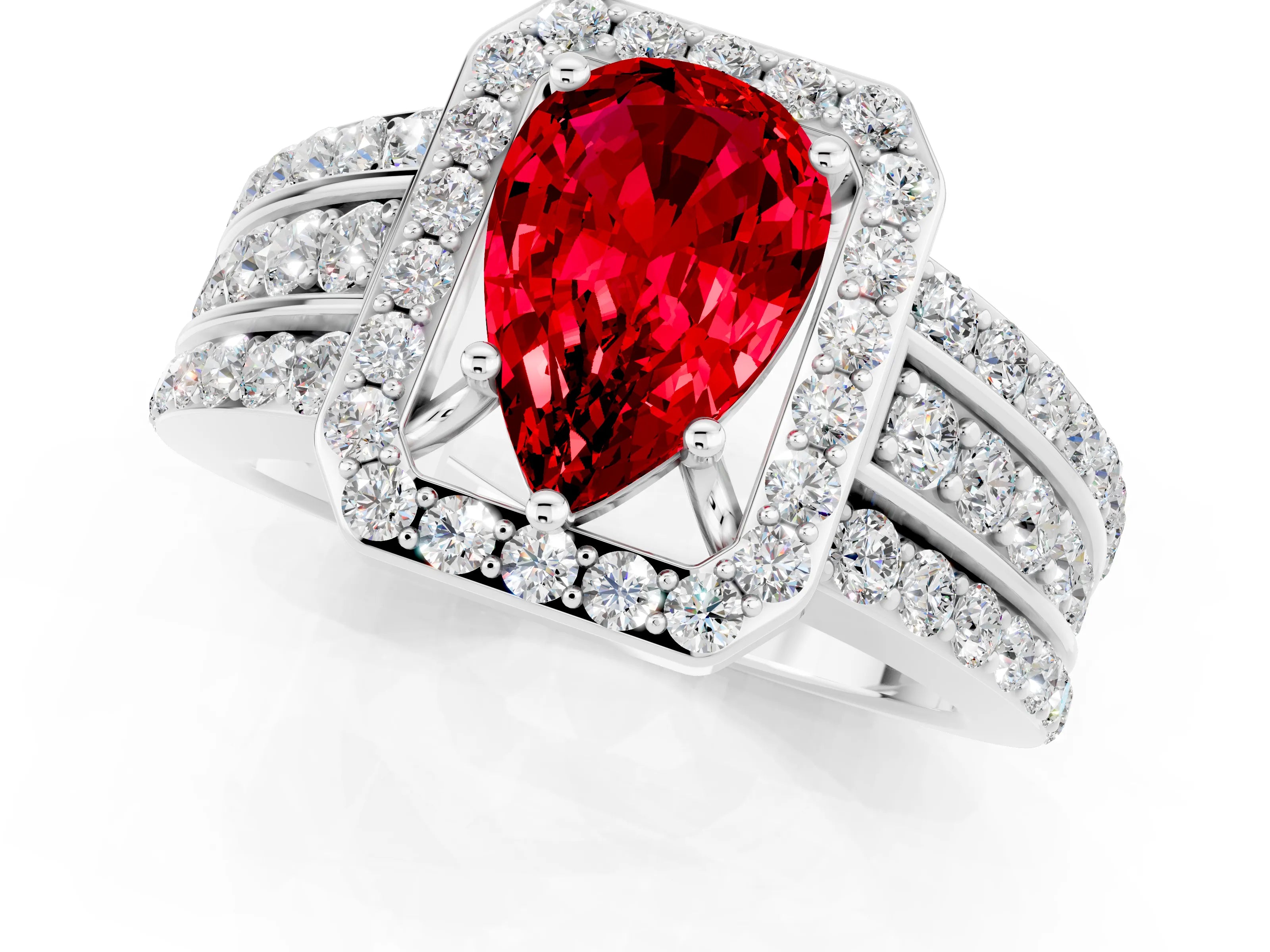 White gold Pear Cut Halo Ruby Ring with Split Shank and Four-Prong Setting_1