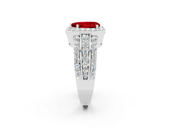Platinum Pear Cut Halo Ruby Ring with Round  Split Shank and Prong Setting