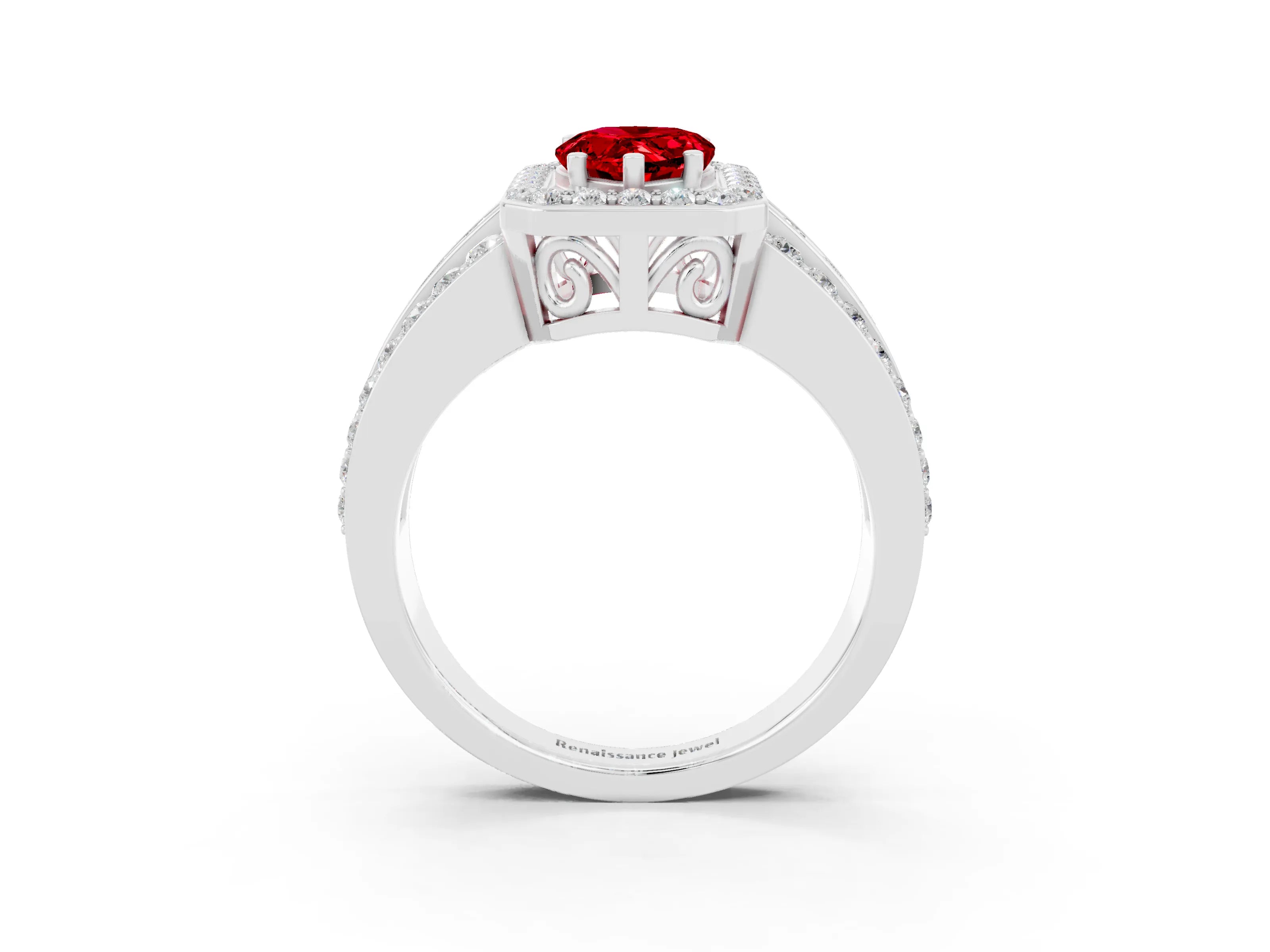 White gold Pear Cut Halo Ruby Ring with Split Shank and Four-Prong Setting_3