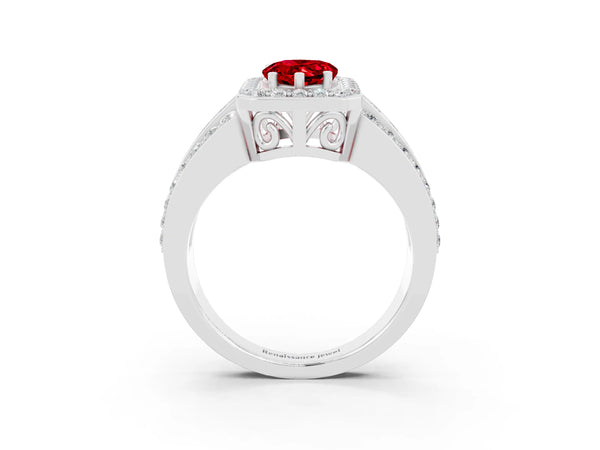 Silver Pear Cut Halo Ruby Ring with Round  Split Shank and Prong Setting