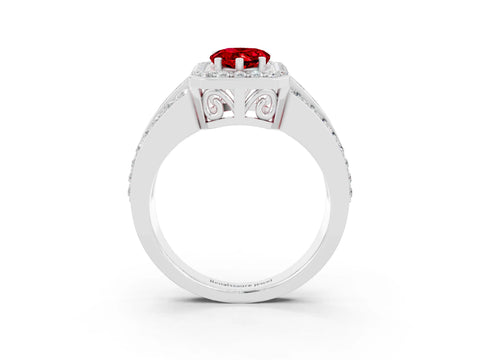 White gold Pear Cut Halo Ruby Ring with Split Shank and Four-Prong Setting_3